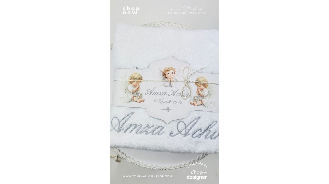 Trusou botez băiat Înger Alb elegant cu îngerași și aripi brodate 16